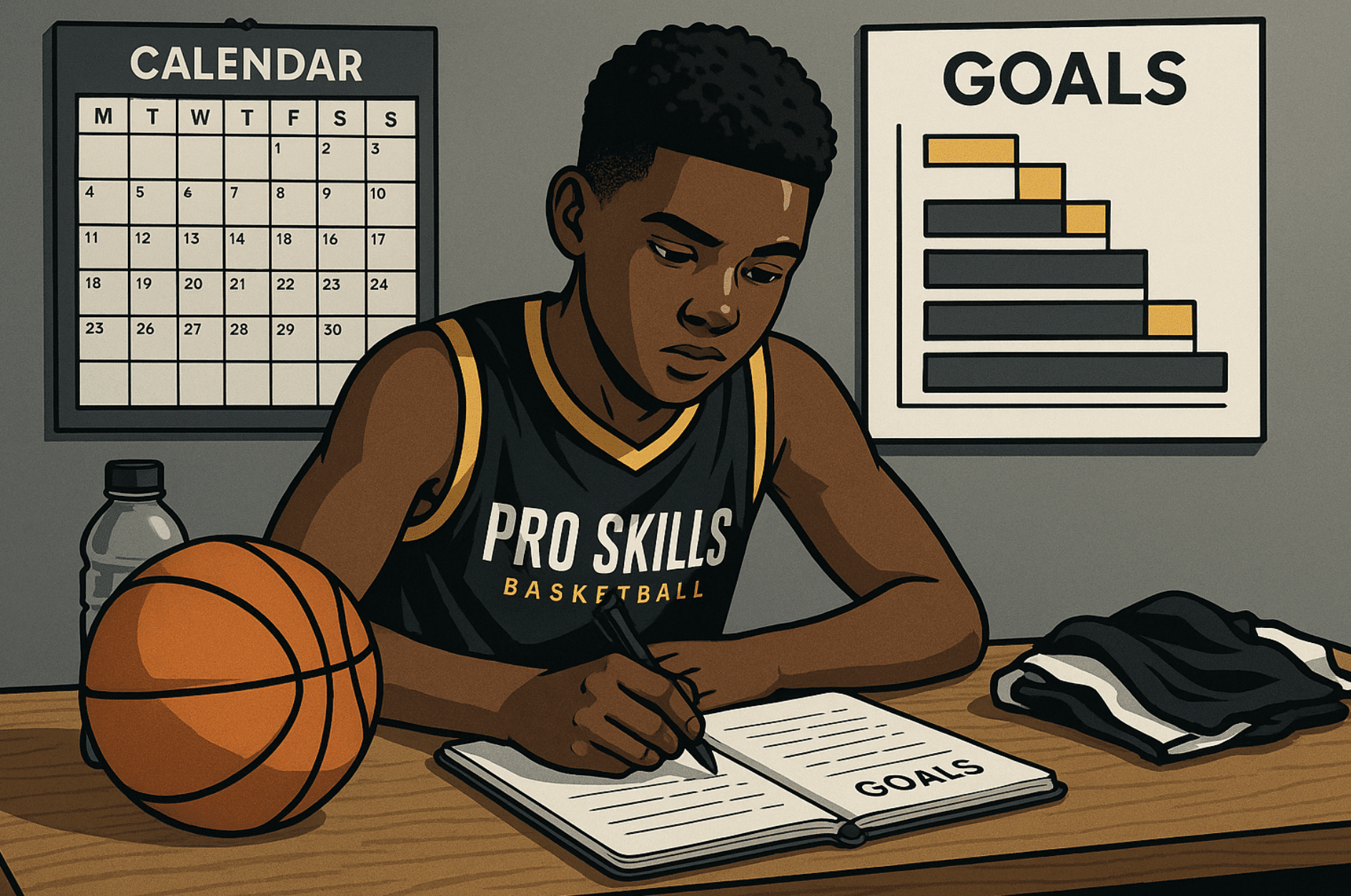 Youth basketball player writing down S.M.A.R.T. basketball goals in a notebook with a calendar and goal chart nearby.